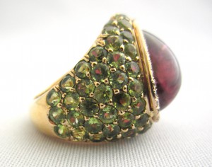 Rubellite, tsavolite garnet and diamond ring.