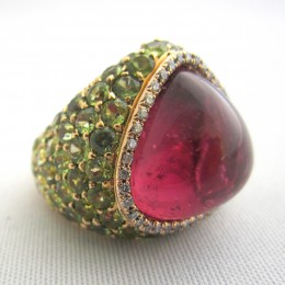 Rubellite, tsavolite garnet and diamond ring.