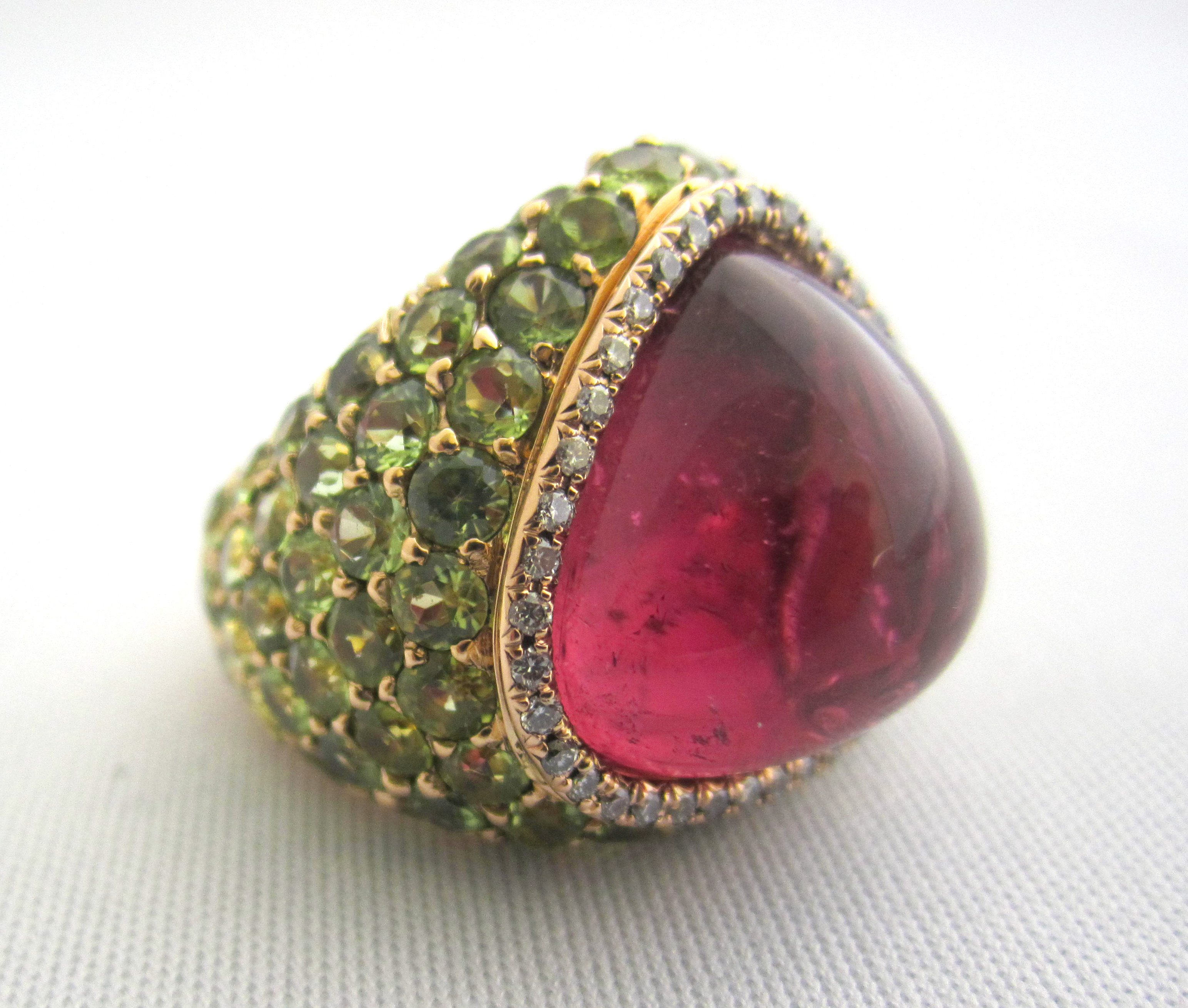 Rubellite, tsavolite garnet and diamond ring.